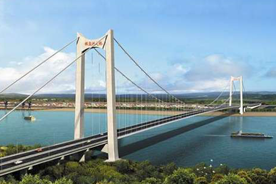 湖北棋盤洲長(zhǎng)江公路大橋?yàn)榈劐^式懸索橋,主跨1038米。.jpg